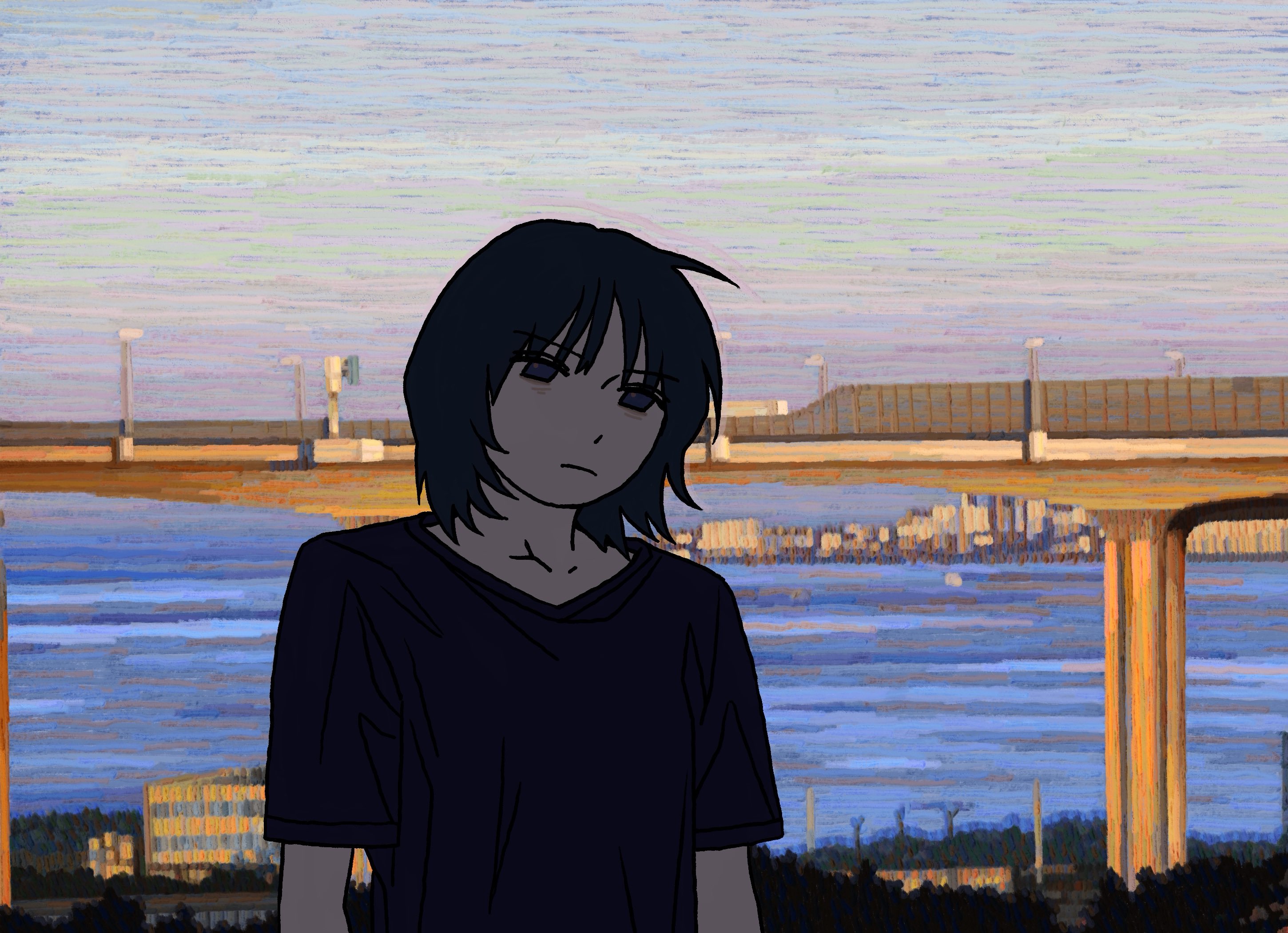 Safebooru - 1girl black eyes black hair black shirt bridge building ...