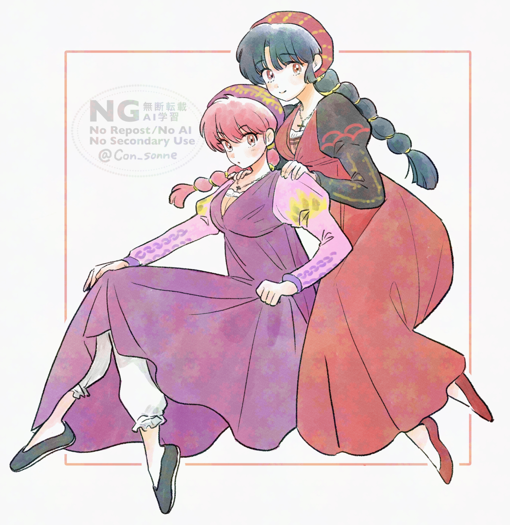 Safebooru - 2girls artist name black hair black shoes braid brown eyes ...