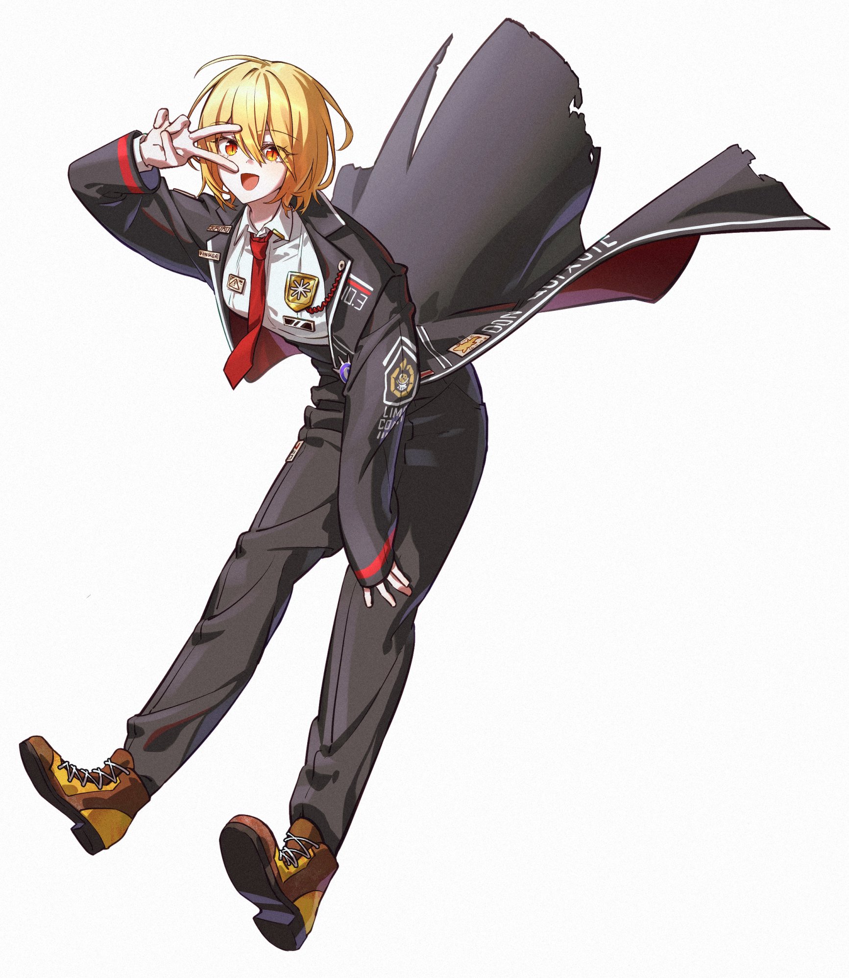 Safebooru - 1girl badge black coat blonde hair brown shoes button badge ...