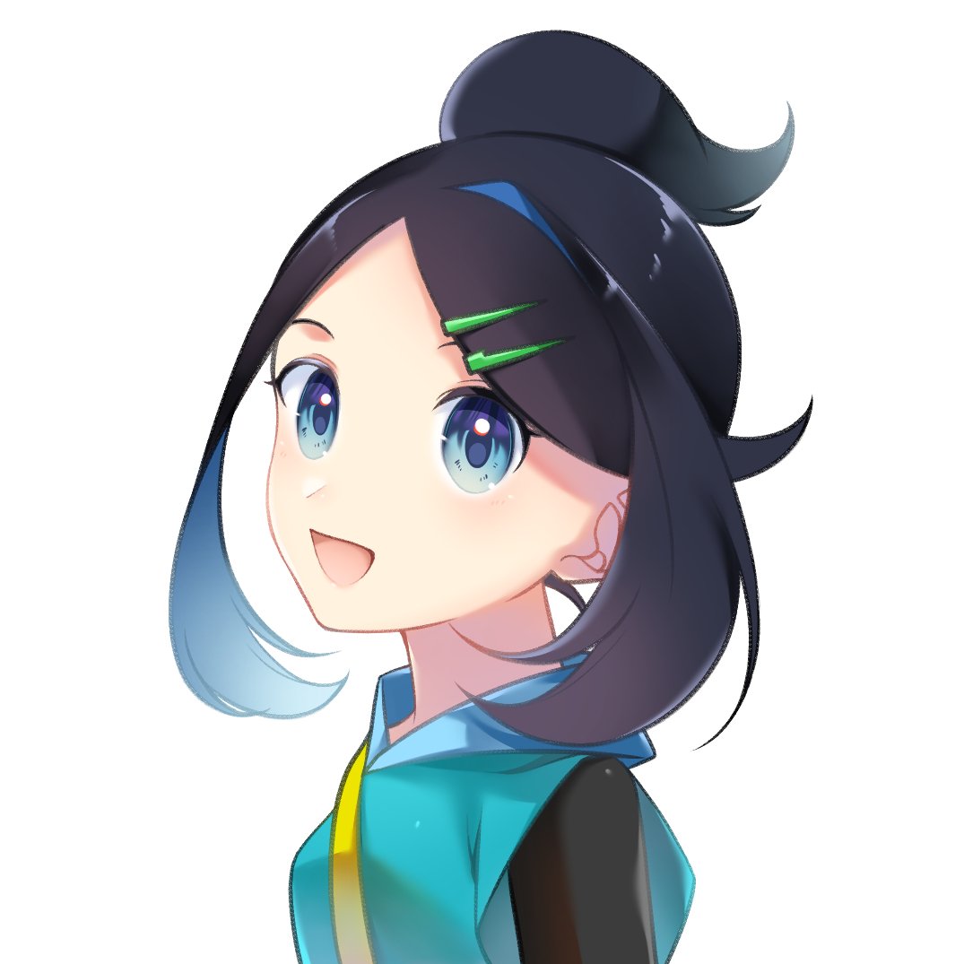 Safebooru - 1girl :d black hair black shirt blue eyes blue hair blue ...