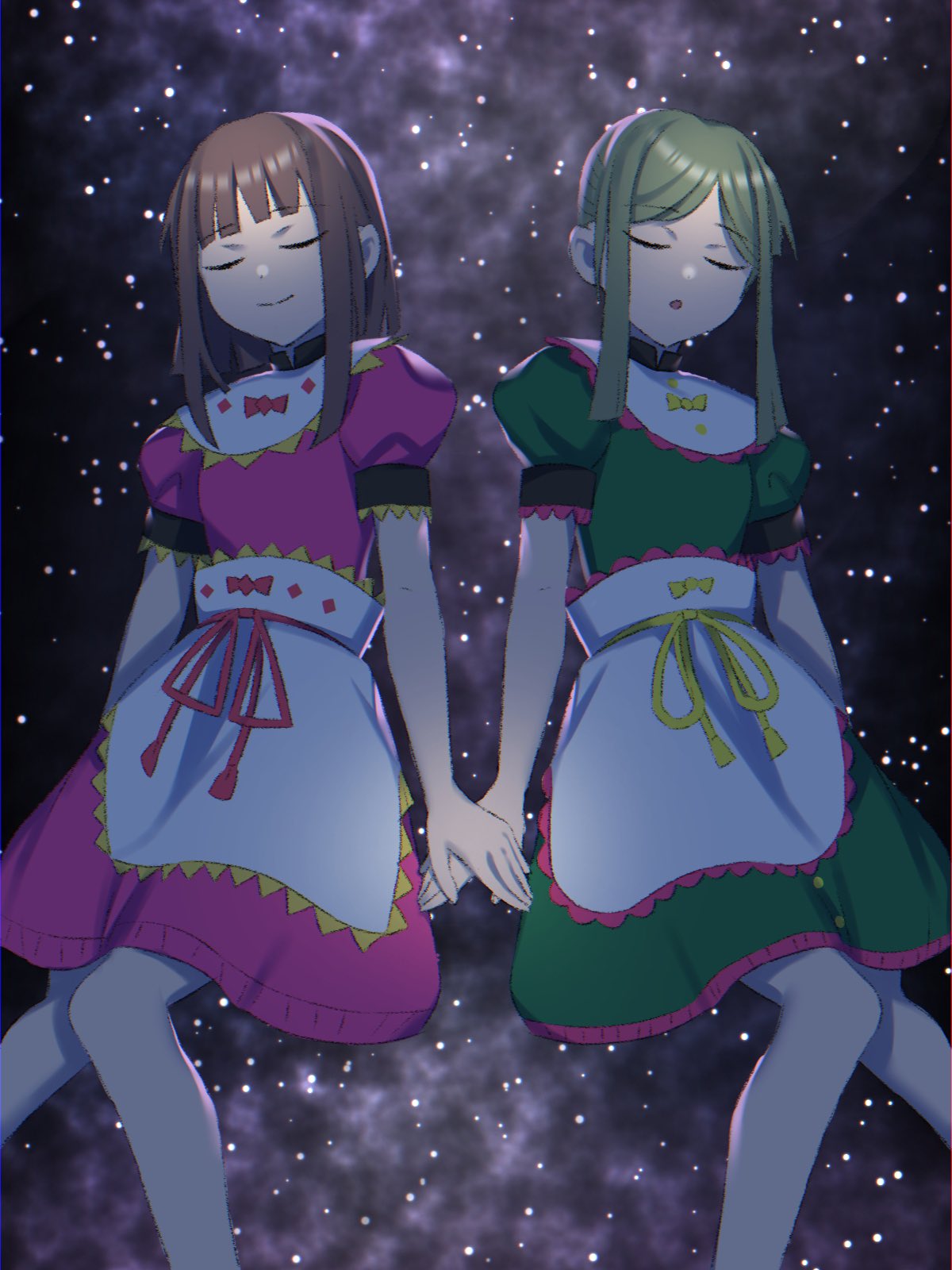 Safebooru 2girls Apron Blurry Brown Hair C I An Closed Eyes Commentary Request Dark Dress Film