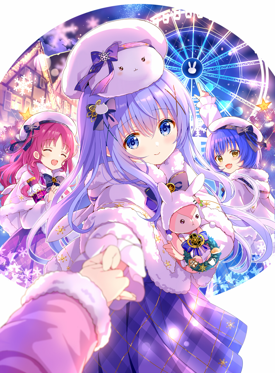 Gochiusa Safebooru - 4girls :d angora rabbit animal on head animal print beret ...