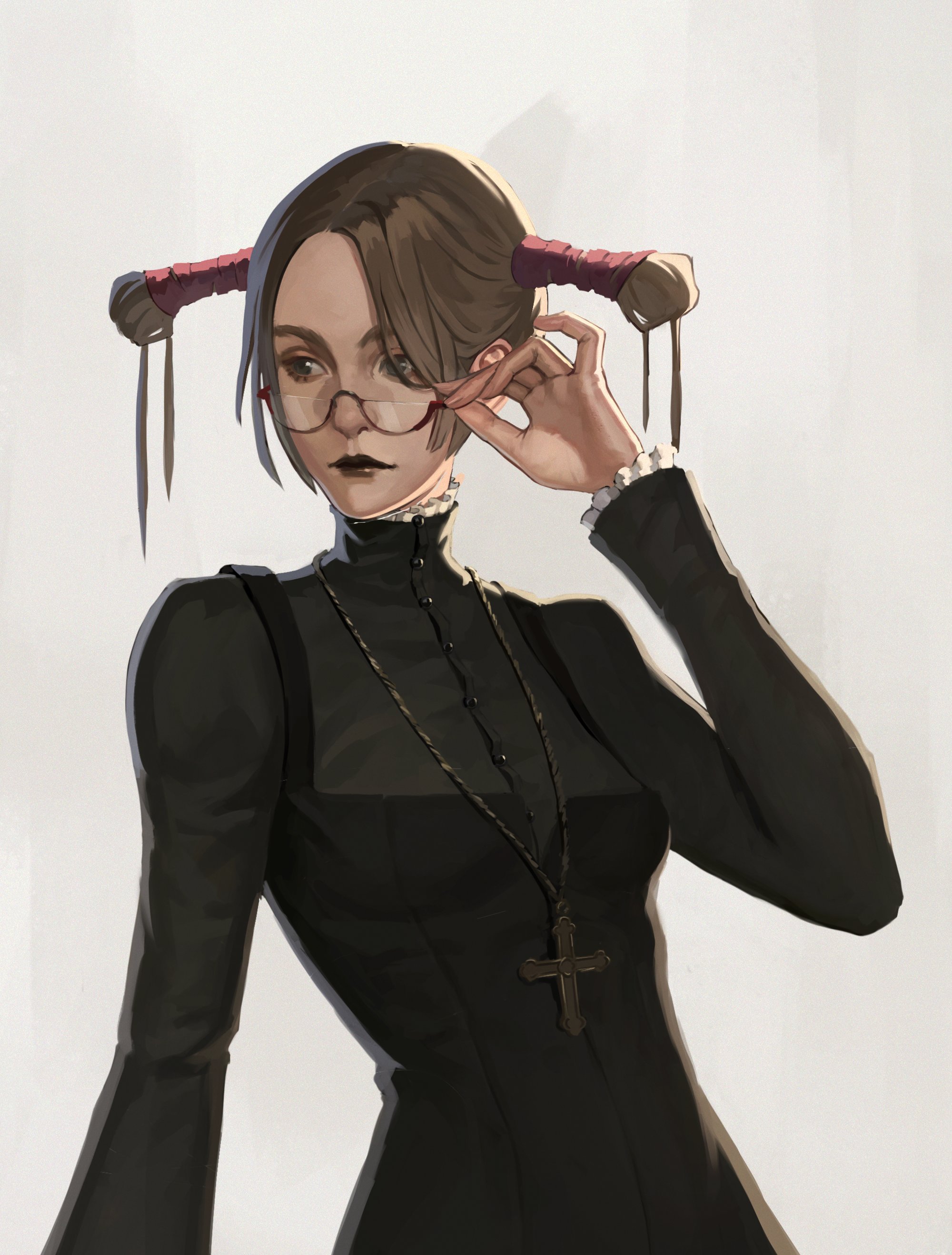Safebooru - 1girl absurdres adjusting eyewear black dress black lips ...