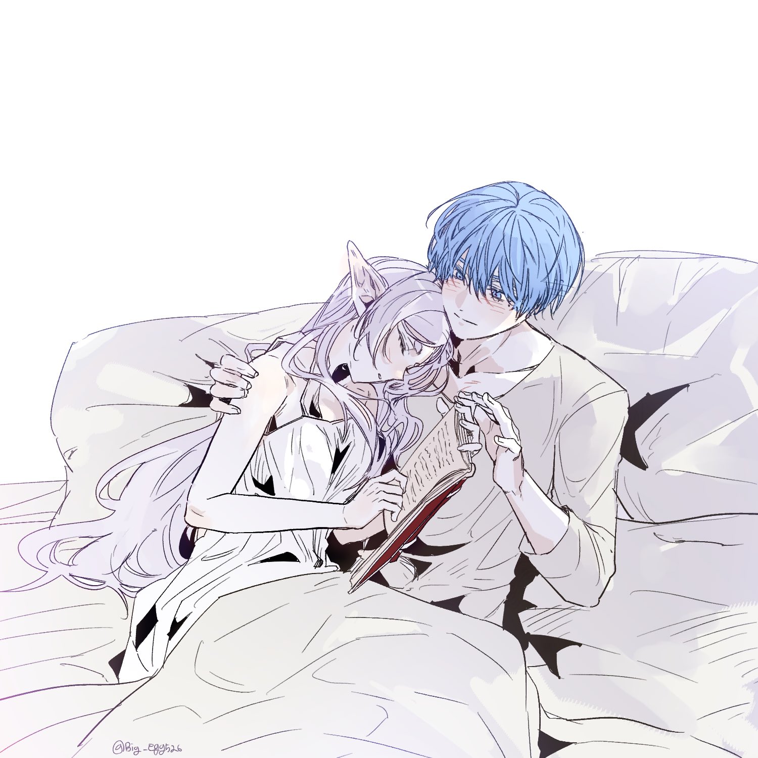 Safebooru - 1boy 1girl alternate costume bed bed sheet big egg526 blue ...