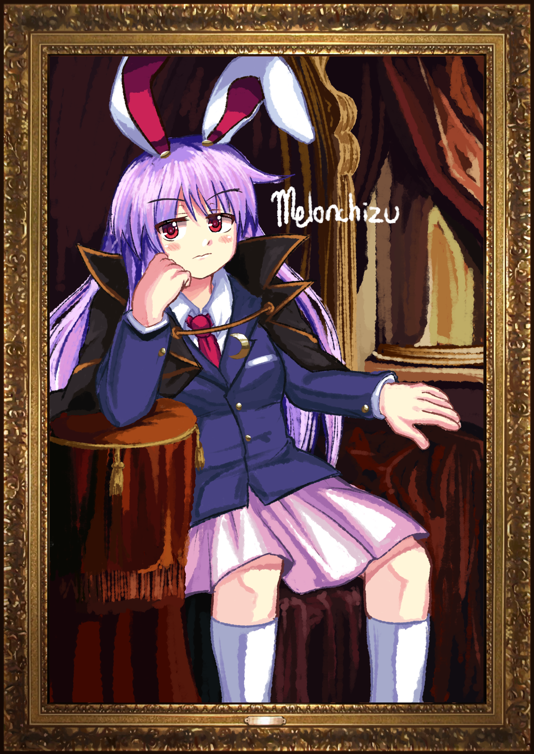 Safebooru - absurdres animal ears artist name buttons cape chair ...