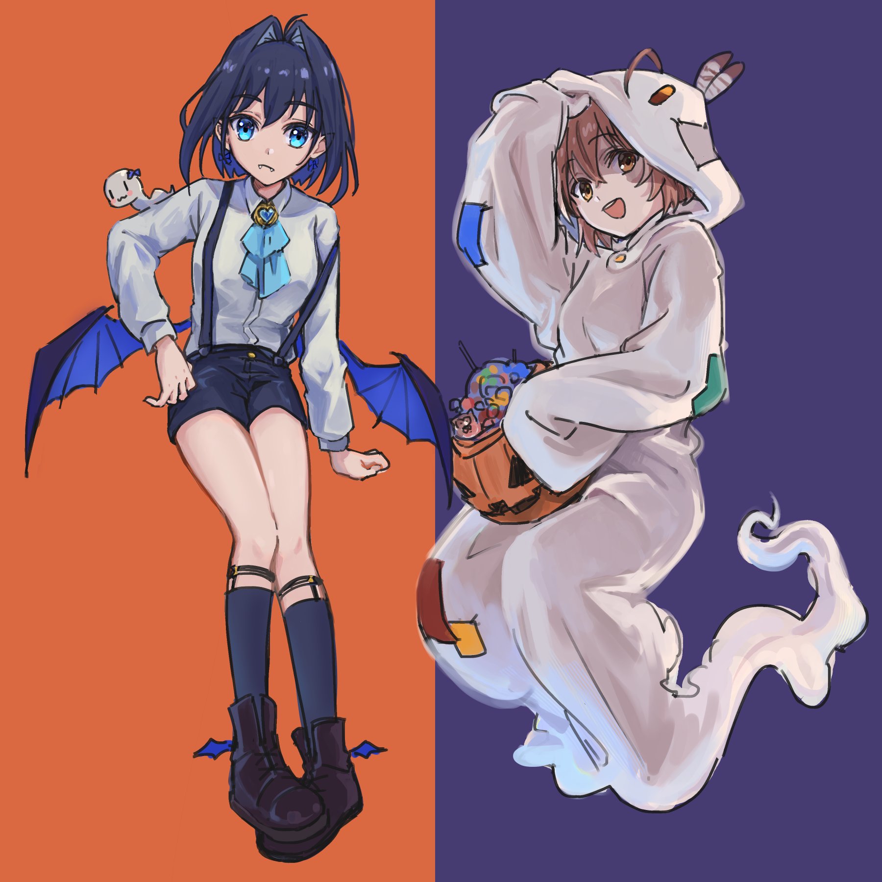 Safebooru 2girls D Ahoge Bangs Bat Wings Blue Eyes Blue Hair Blue Ribbon Boomei Nanashi 