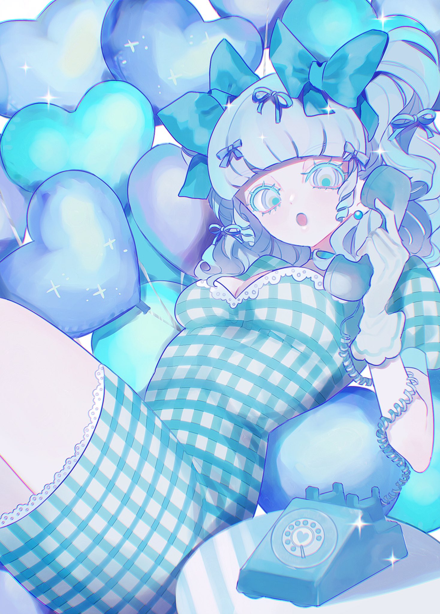Safebooru 1girl ao3 balloon blue bow blue hair blue ribbon bow