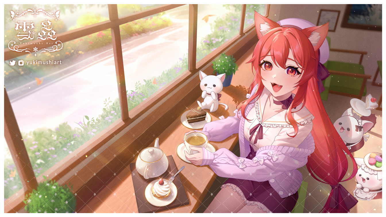 Safebooru 1girl bangs border cafe cat cat girl choker commission cup fangs hat indie virtual