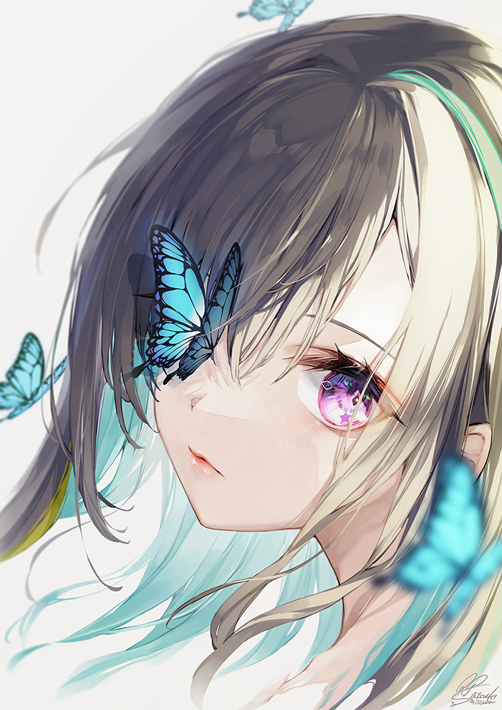 Safebooru - 1girl animal bangs black hair blue hair bug butterfly ...