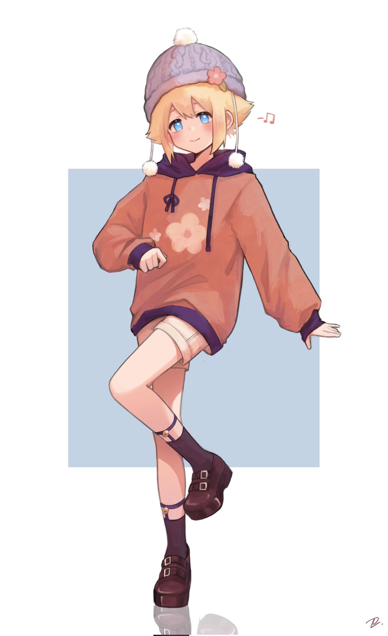 Safebooru 1boy basil (omori) black socks blonde hair blue eyes blush brown footwear closed