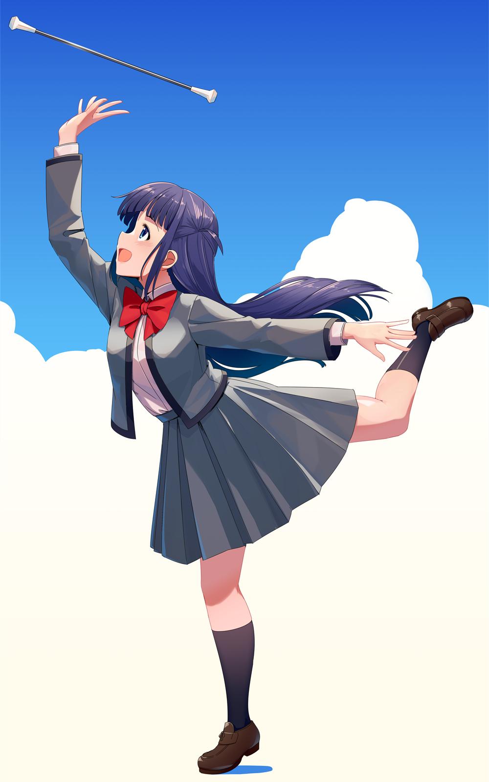 Safebooru - 1girl :d arm up black socks blue eyes blue sky blunt bangs ...