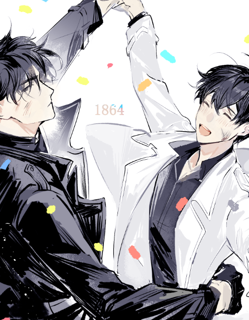 Safebooru - 2boys arms up black coat black eyes black gloves black hair ...