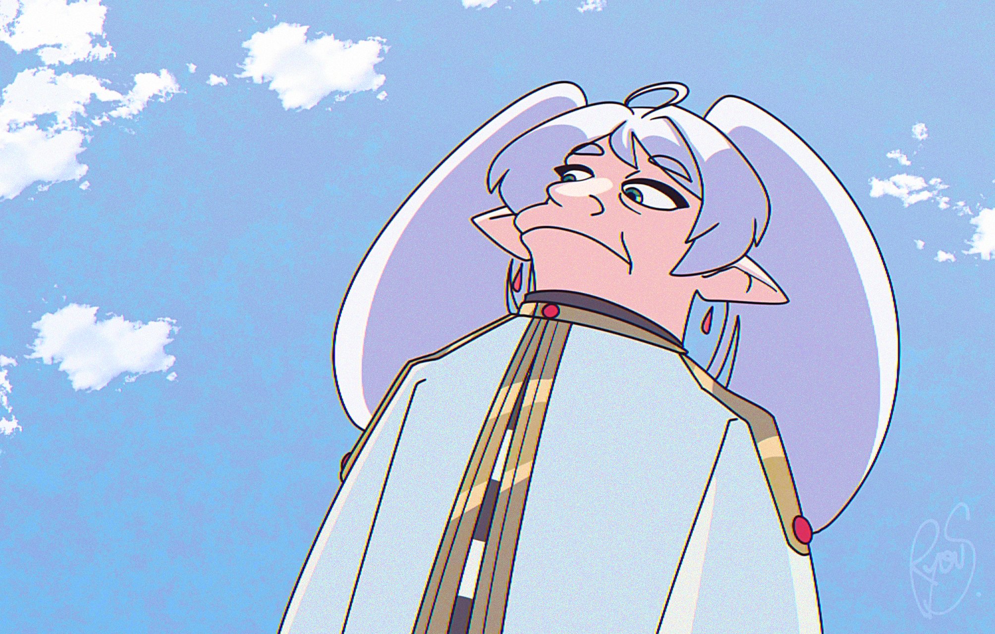 safebooru-1girl-blue-sky-capelet-commentary-earrings-elf-english