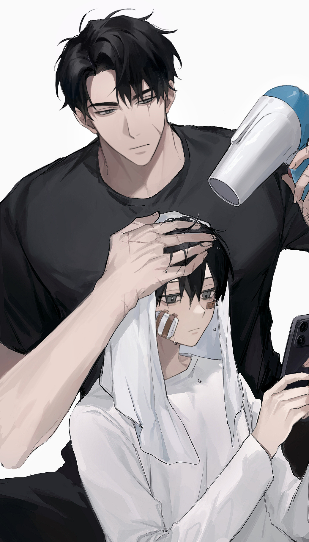 Safebooru - 2boys bandage on face bandages black eyes black hair black ...