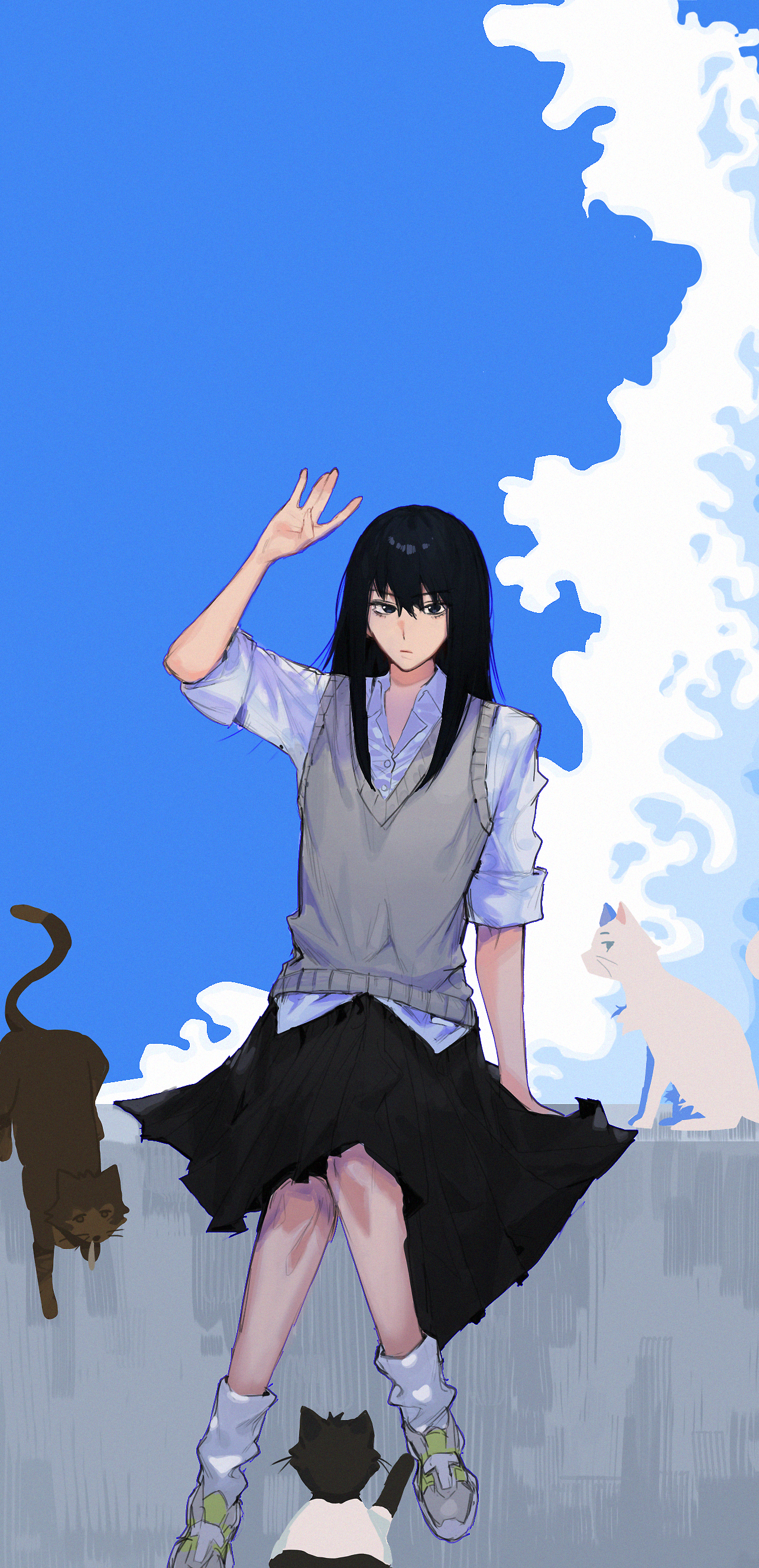 Expressionless Cat Safebooru - 1girl absurdres arm up black cat black hair black skirt ...
