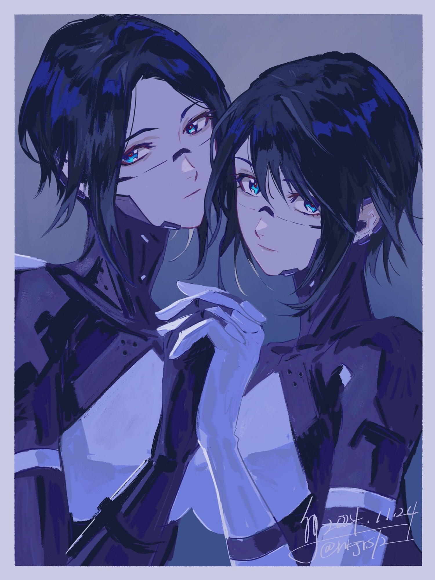 Safebooru - 2girls android ara (signalis) blue background blue eyes ...
