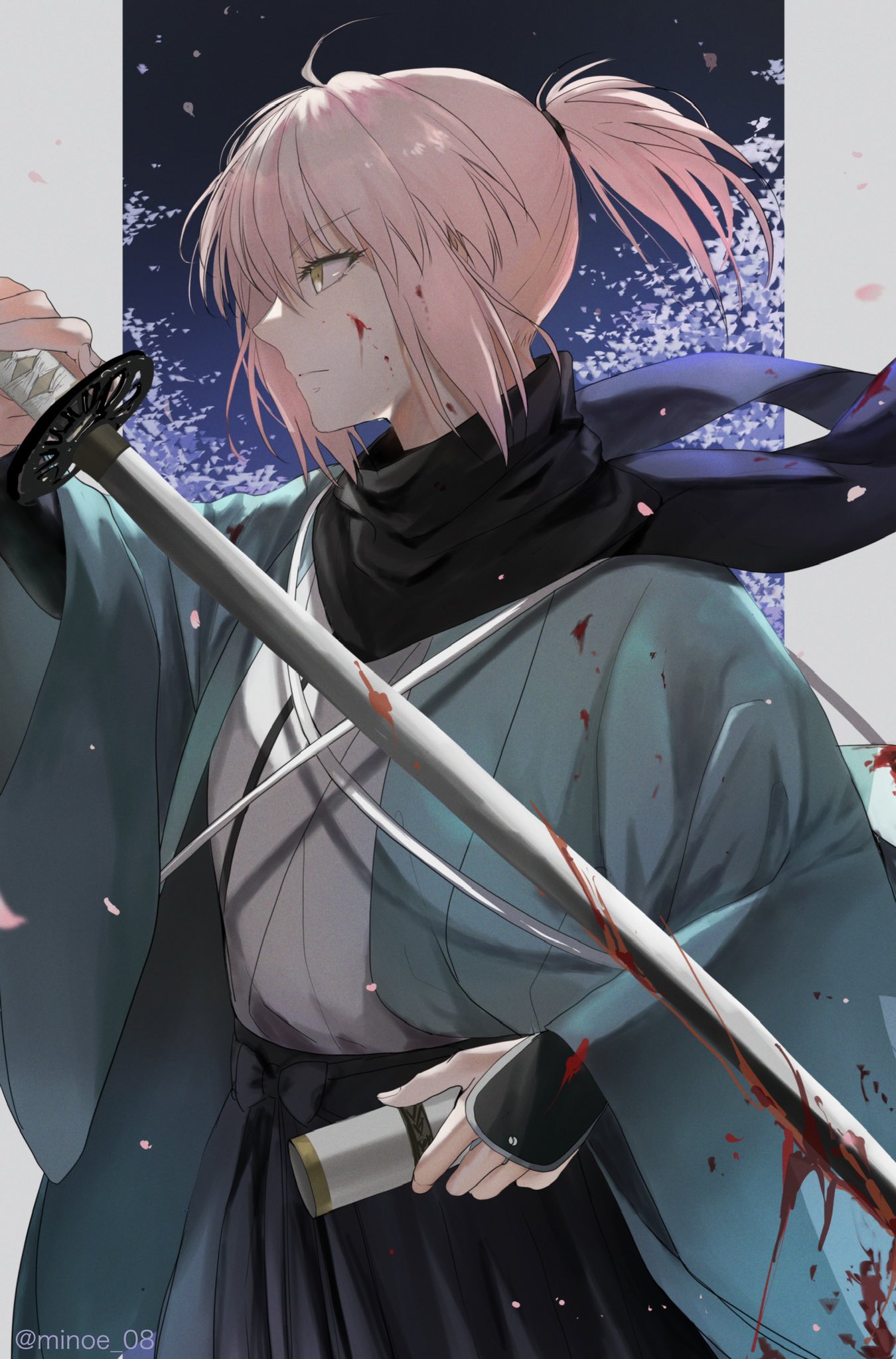 Safebooru - 1girl ahoge black scarf blood blood on face blood on weapon