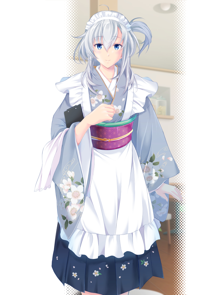 Safebooru - 1girl apron black hakama blue eyes blue kimono feet out of ...