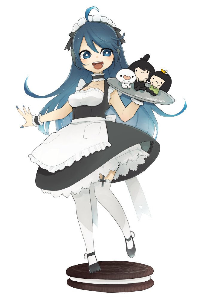 Safebooru 2boys 2girls ahoge apron black hair blue eyes blue hair