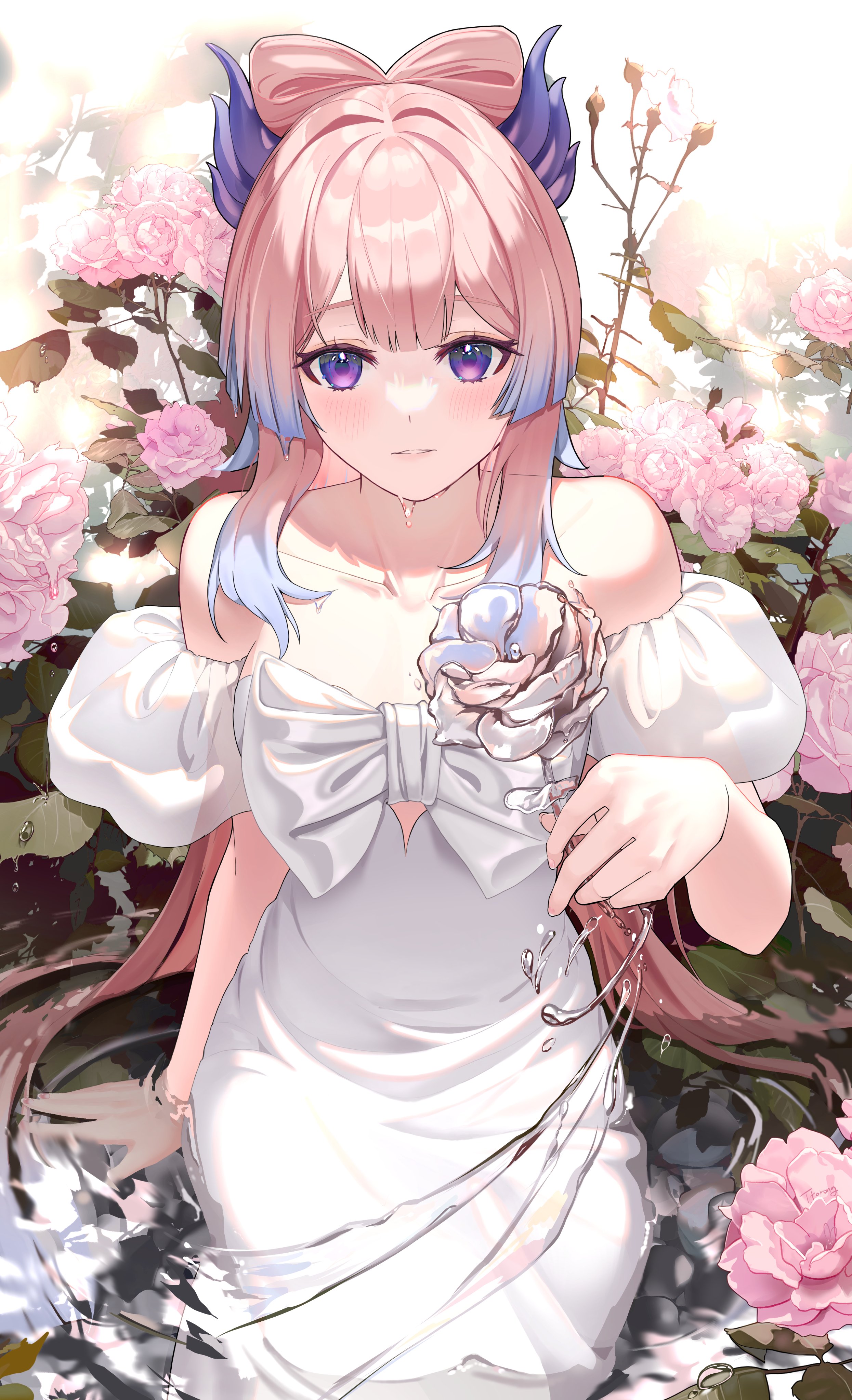 Safebooru 1girl Absurdres Alternate Costume Bare Shoulders Blunt Bangs Blush Dress Flower 6666