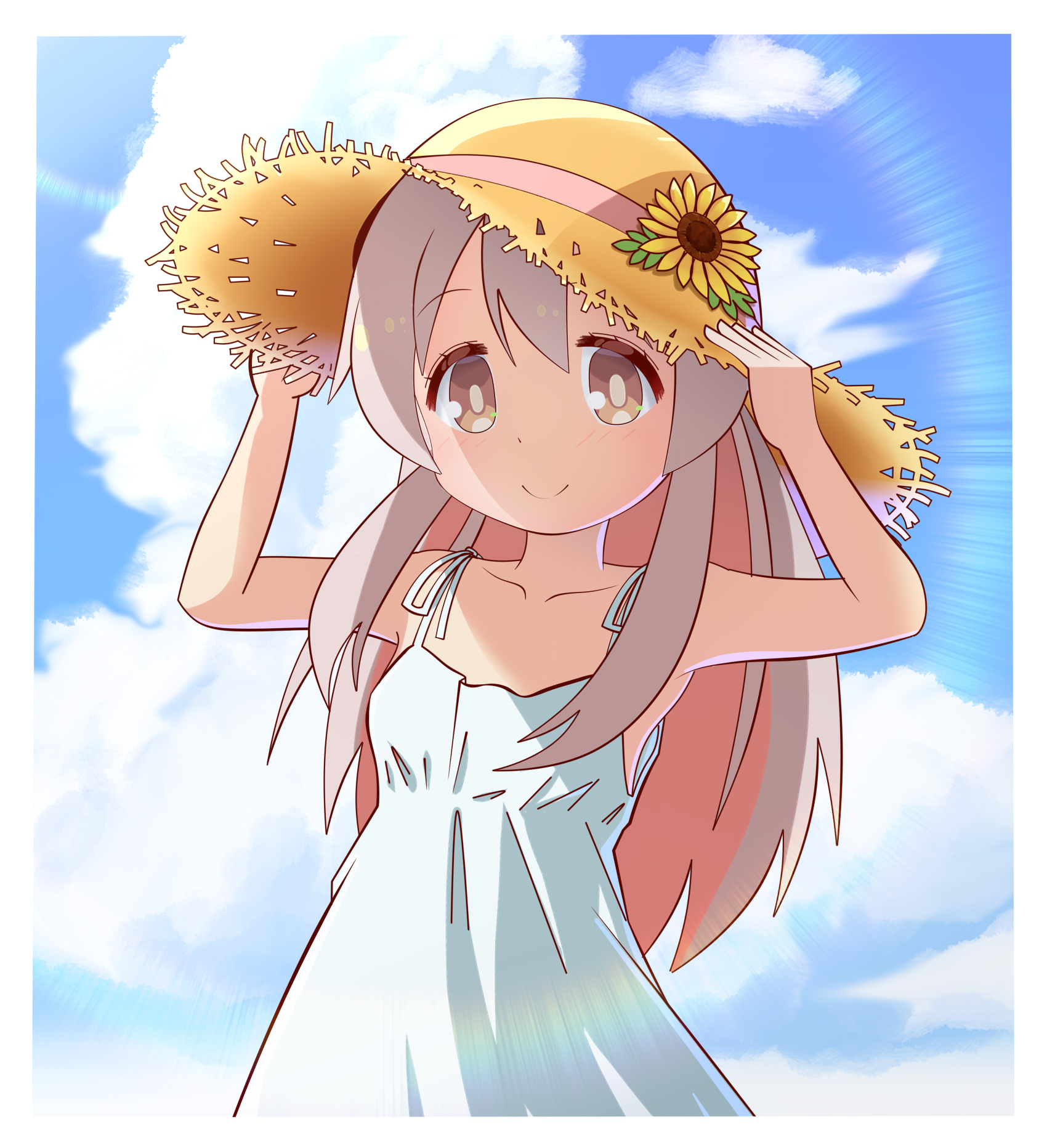 Safebooru 1girl Clouds Collarbone Dress Flower Genderswap Genderswap