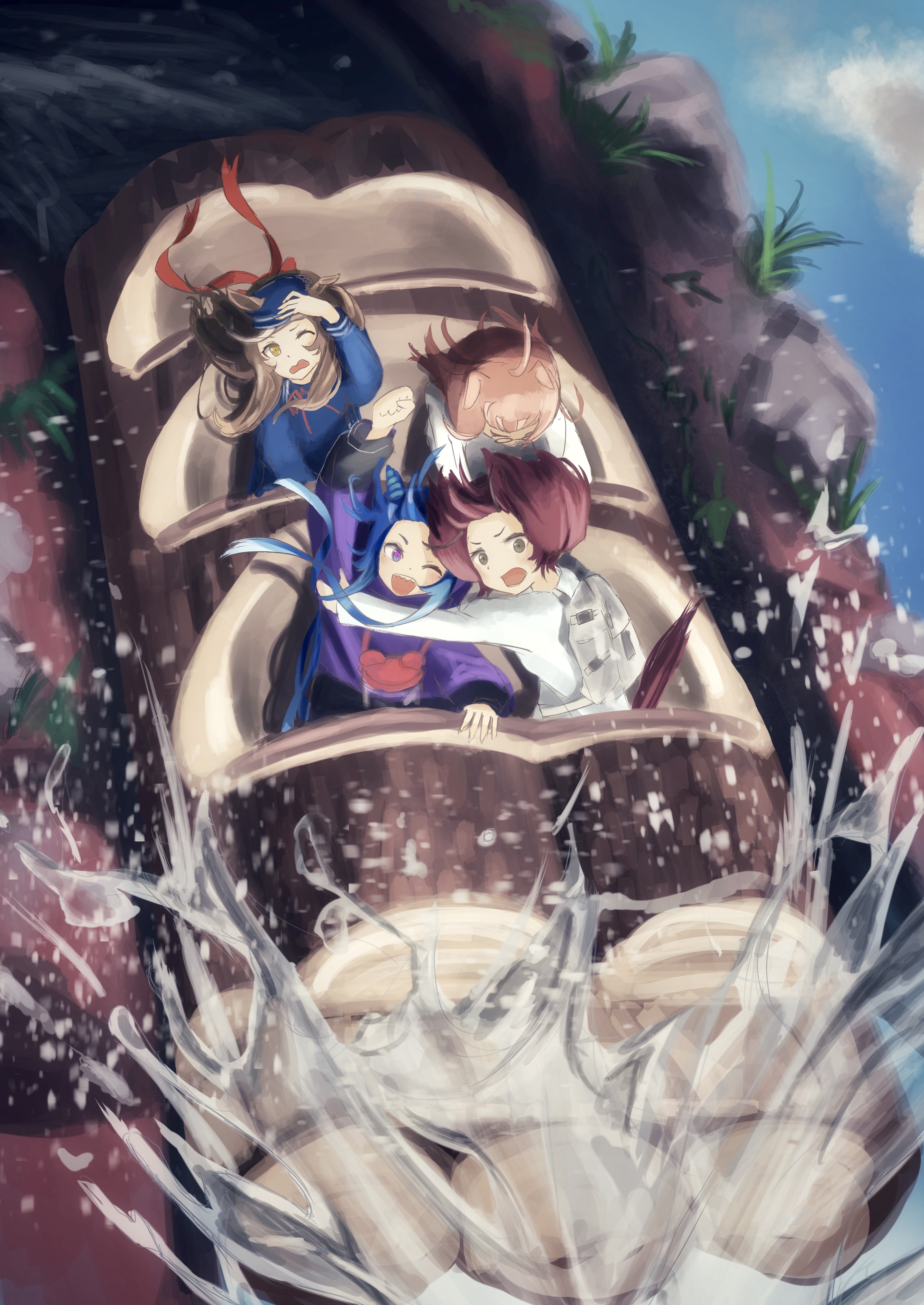 Safebooru - 4girls ;d absurdres backpack bag blue hair blue headwear ...