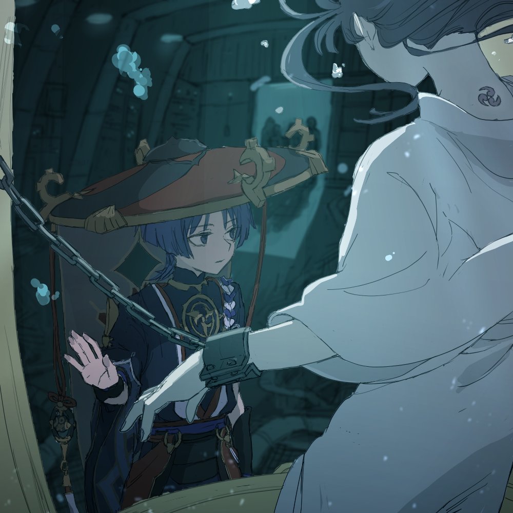 Safebooru 1boy 1girl chain closed mouth cuffs floating hair genshin