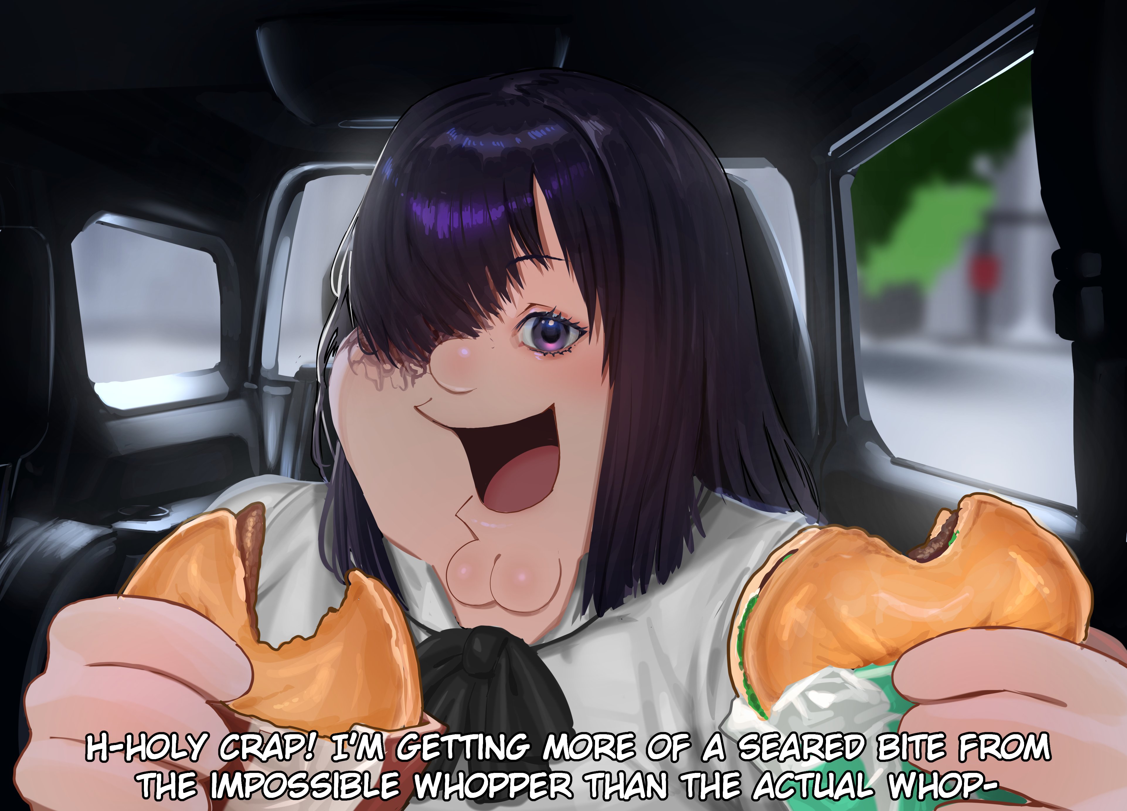 Safebooru 1boy absurdres black hair burger burn scar car interior