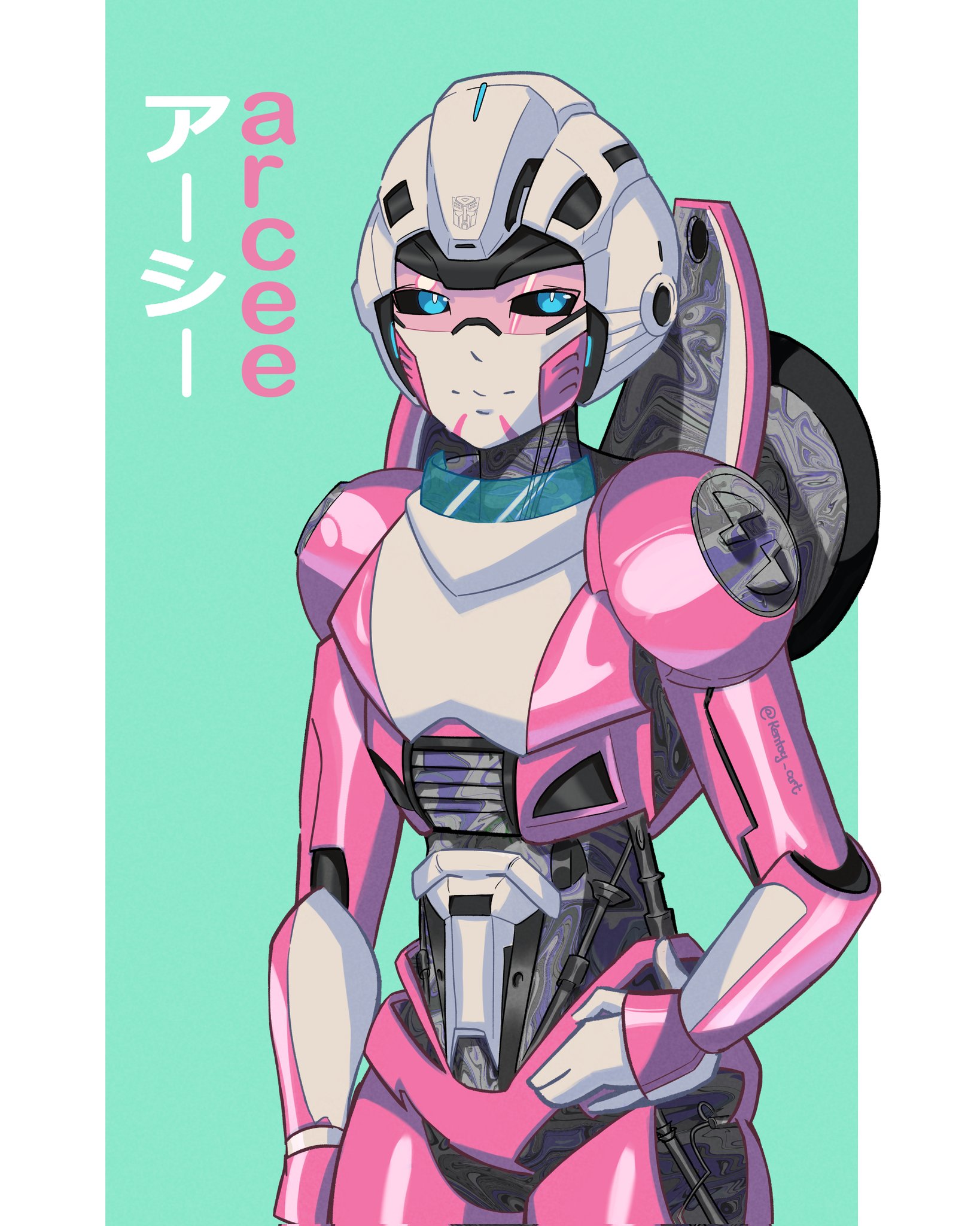 Safebooru - 1girl arcee blue eyes breasts green background hand on own ...