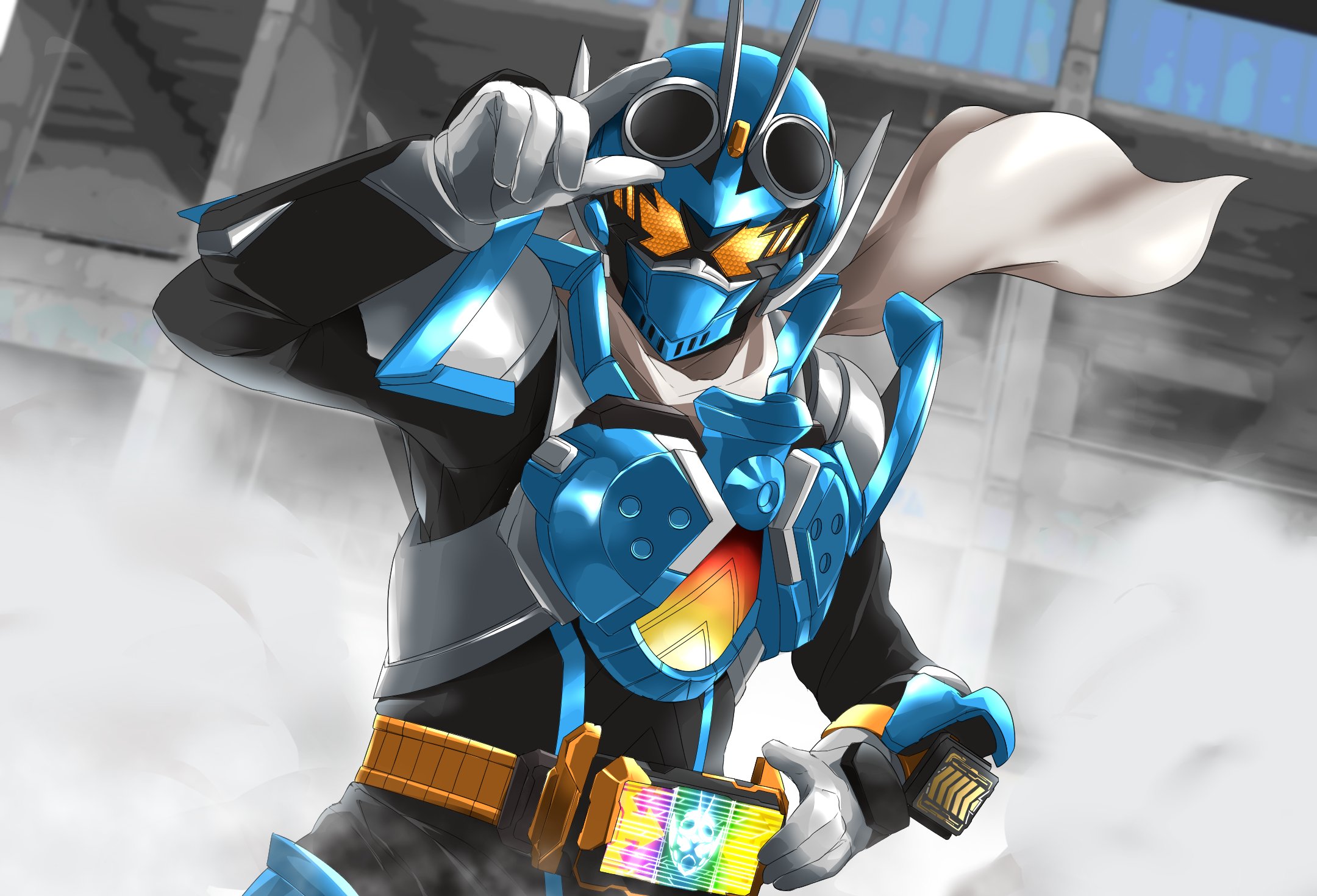 Arm Rider Safebooru - 1boy adjusting eyewear arm up blue armor body armor ...
