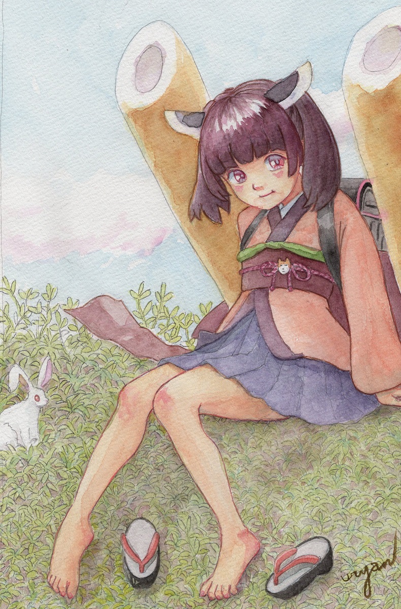 Safebooru 1girl animal artist name backpack bag bare legs barefoot