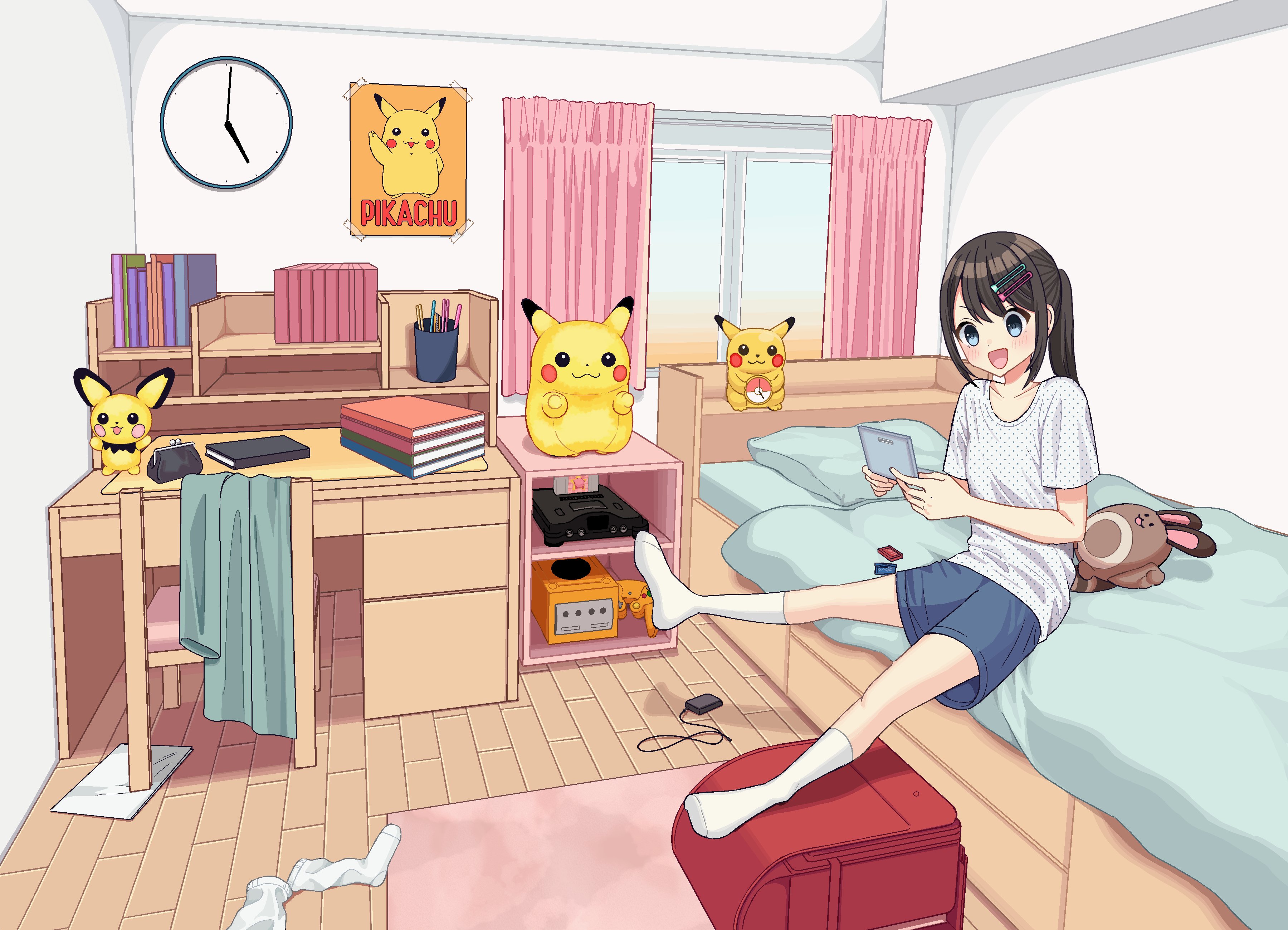 Safebooru 1girl absurdres analog clock backpack bag bedroom blue eyes