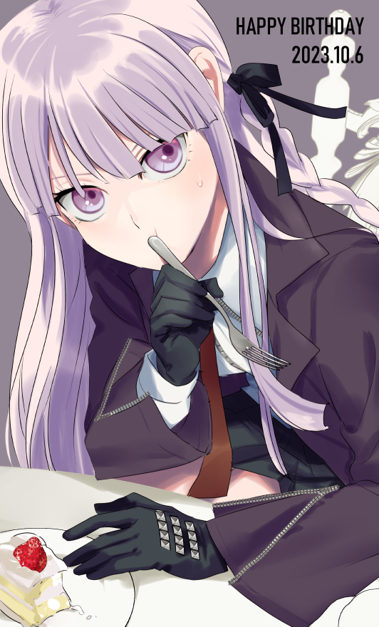 safebooru-1girl-black-gloves-black-ribbon-cake-collared-shirt
