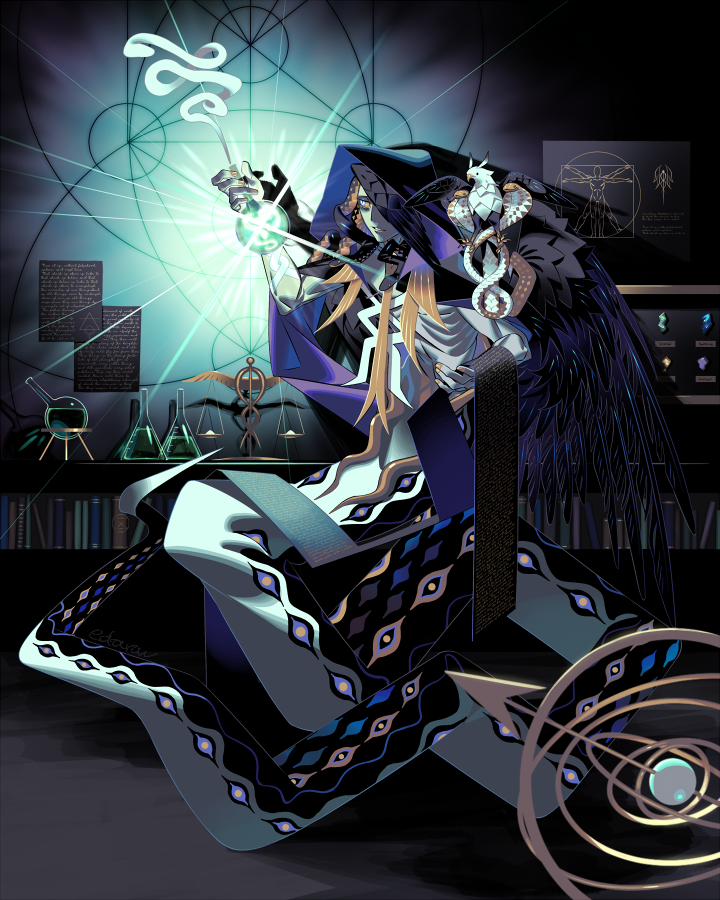 1boy animal balance_scale bird black_hair black_wings bookshelf colored ...