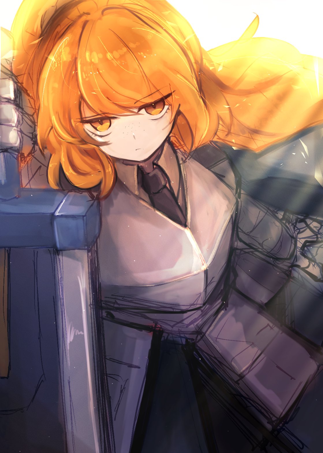 Safebooru - 1girl armor blue necktie collared shirt gauntlets ...