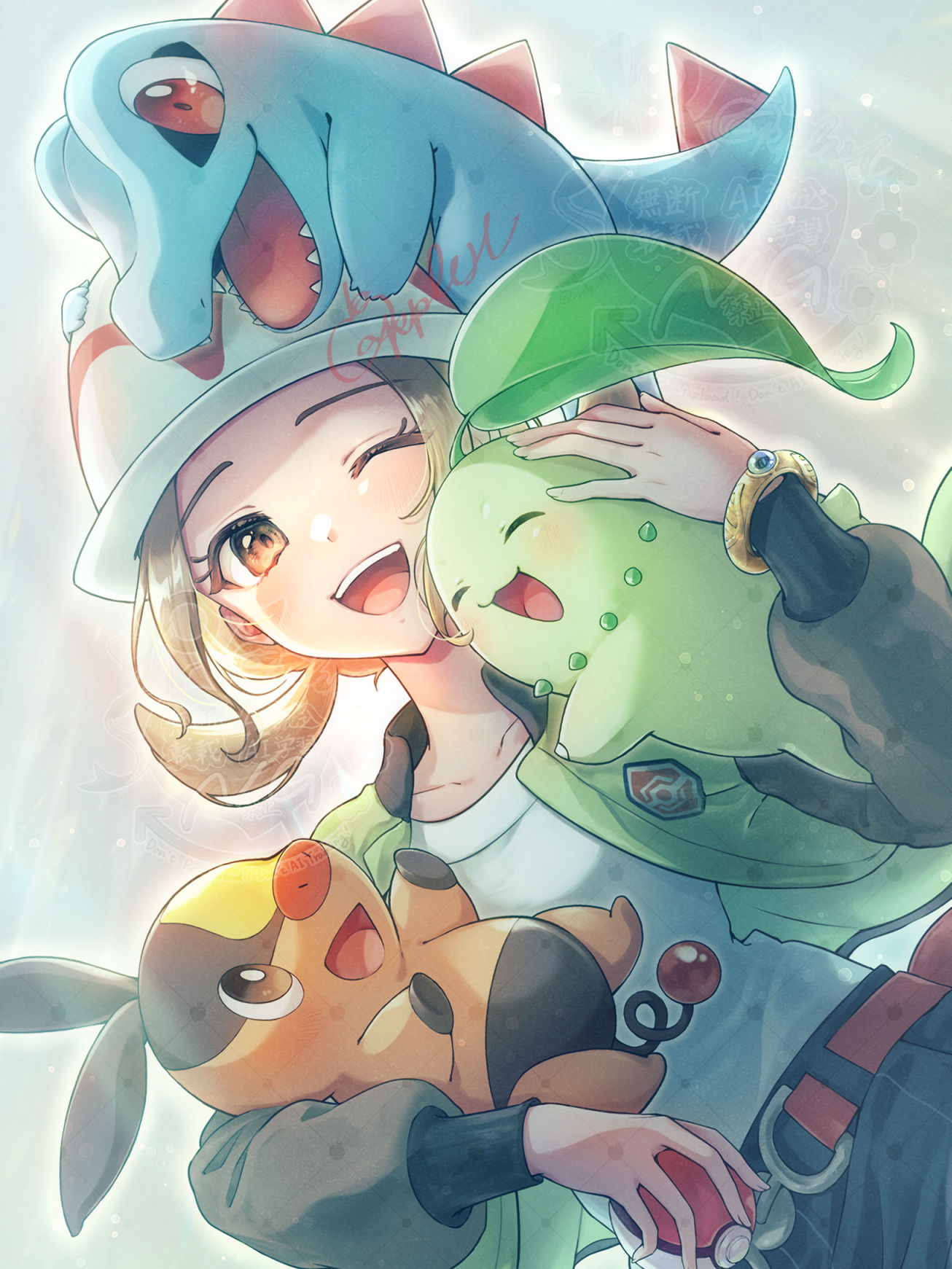 Pokemon Legends Ringo Safebooru - belt bracelet brown hair chikorita collarbone green jacket ...