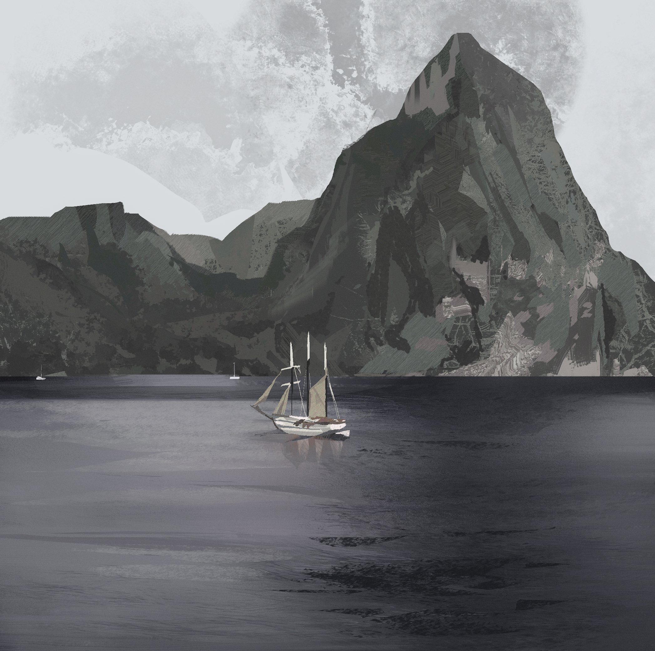 Safebooru - boat commentary grey sky highres landscape mountainous ...