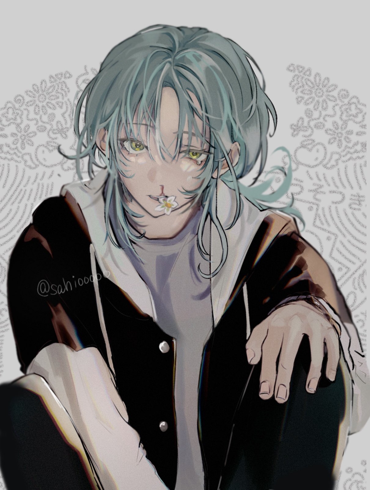 Safebooru - 1boy black jacket blood blue hair commentary request flower ...