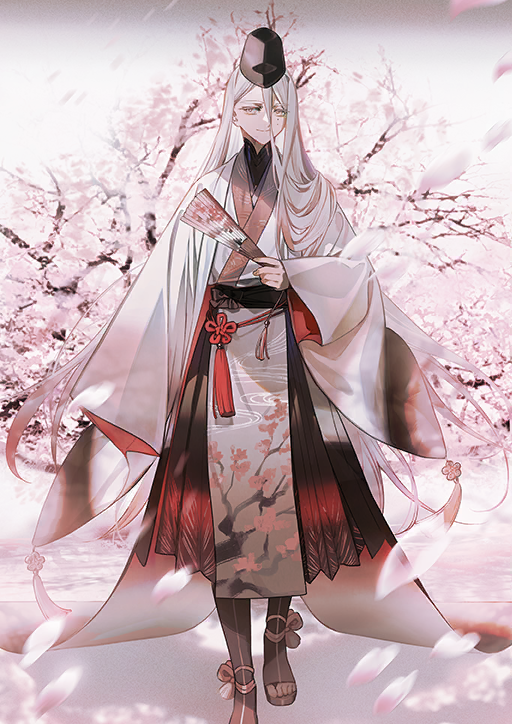 Safebooru - 1boy arm at side bishounen black hat cherry blossoms closed ...
