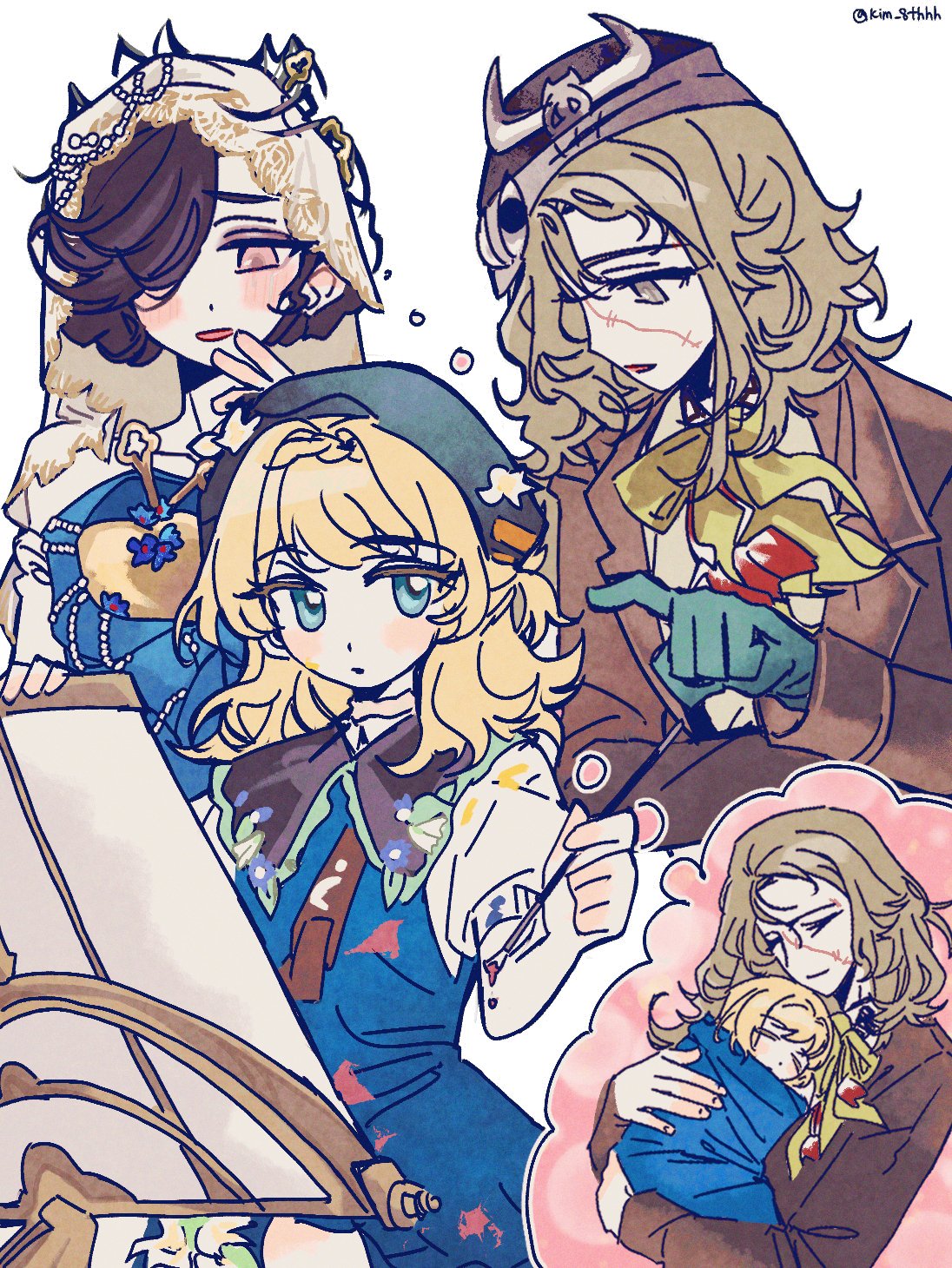 Safebooru - 3girls beret black hair black hat blonde hair blue dress ...