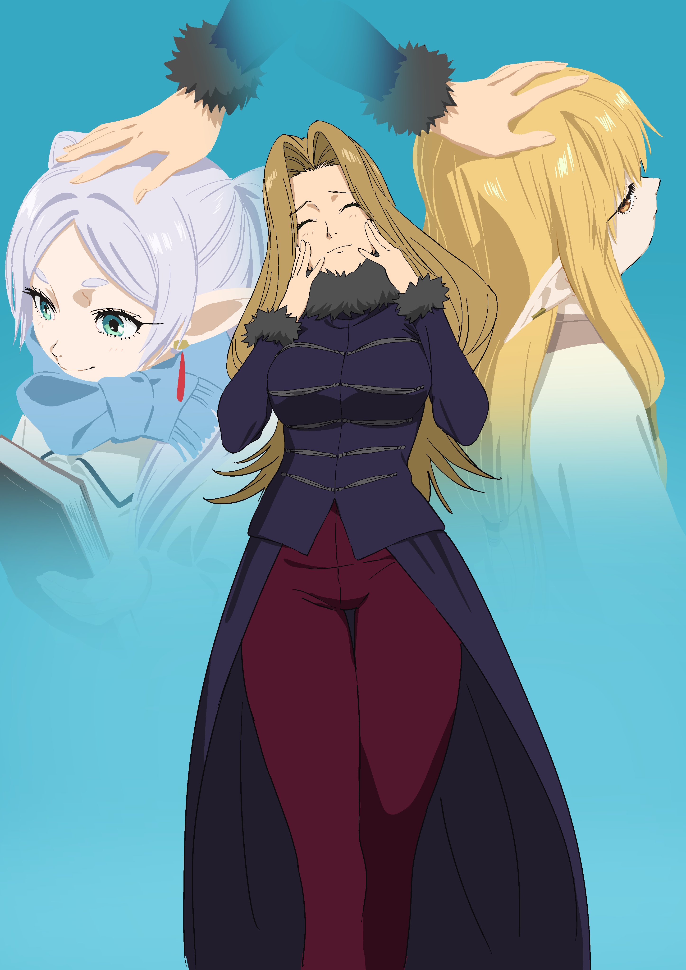 Safebooru - 3girls absurdres artist request blue coat book brown eyes ...