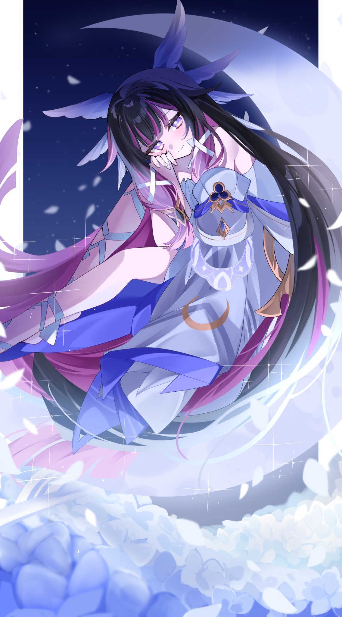 Safebooru - 1girl black hair blue flower closed mouth columbina ...