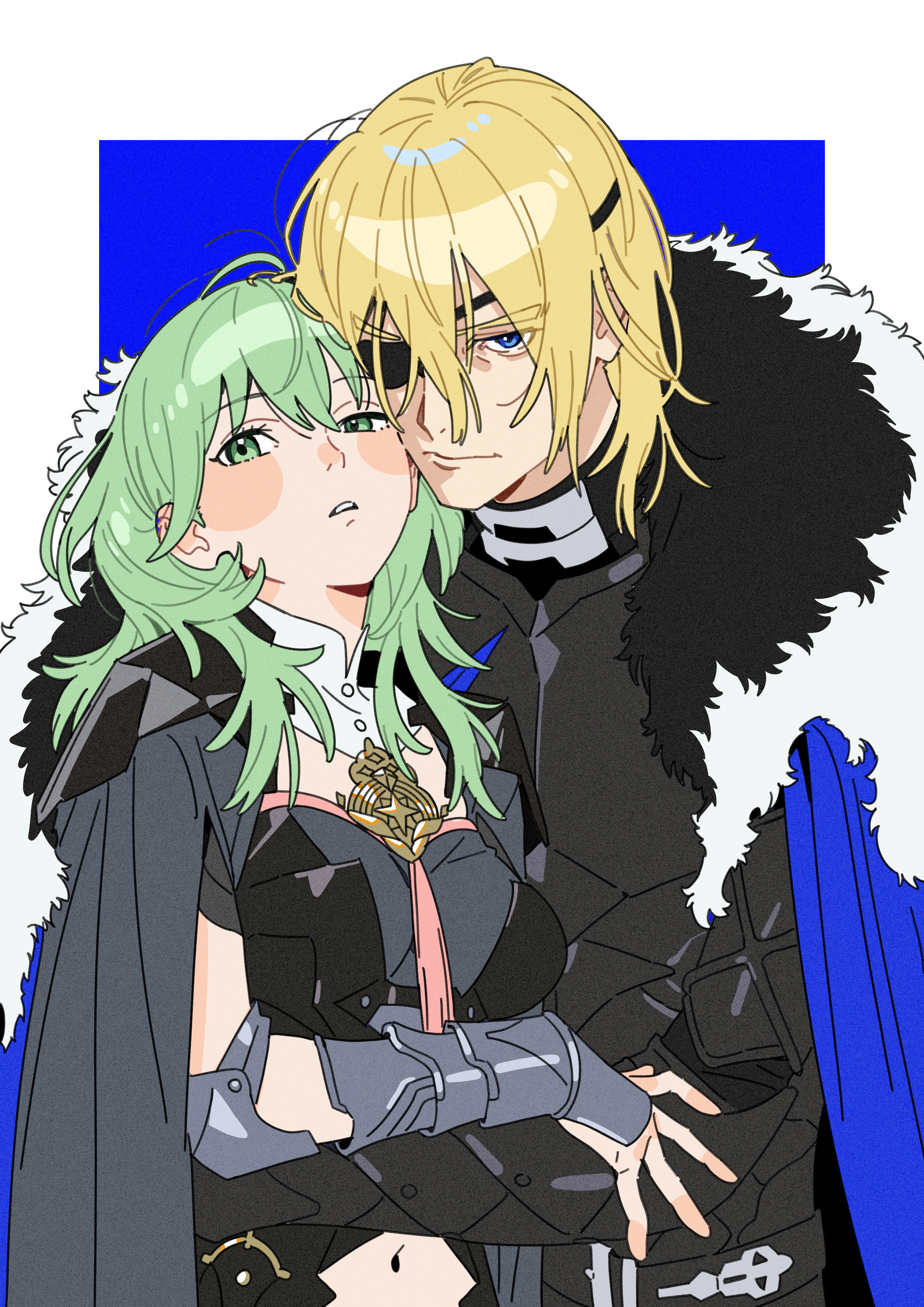Safebooru - 1boy 1girl absurdres arm around another's waist armor black ...