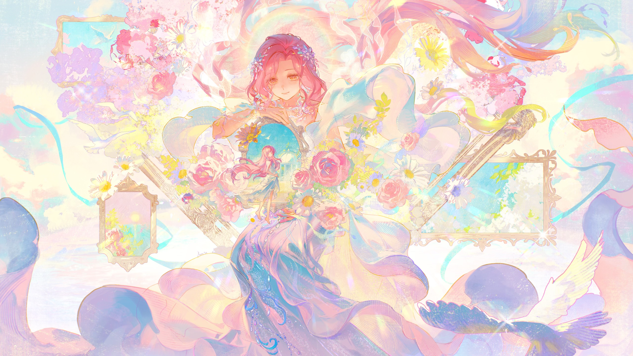 Safebooru - 2girls birth of purity (shining nikki) blue flower blue sky ...