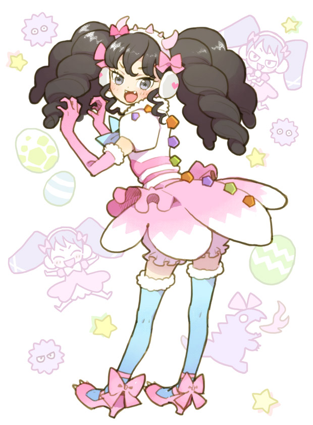 Safebooru - 1girl :d black hair blue thighhighs bow chibi chibi inset ...