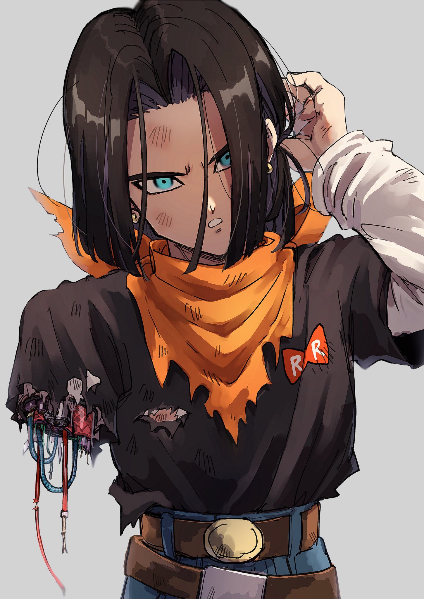 Safebooru - 1boy android 17 bandana belt black hair black shirt blue ...