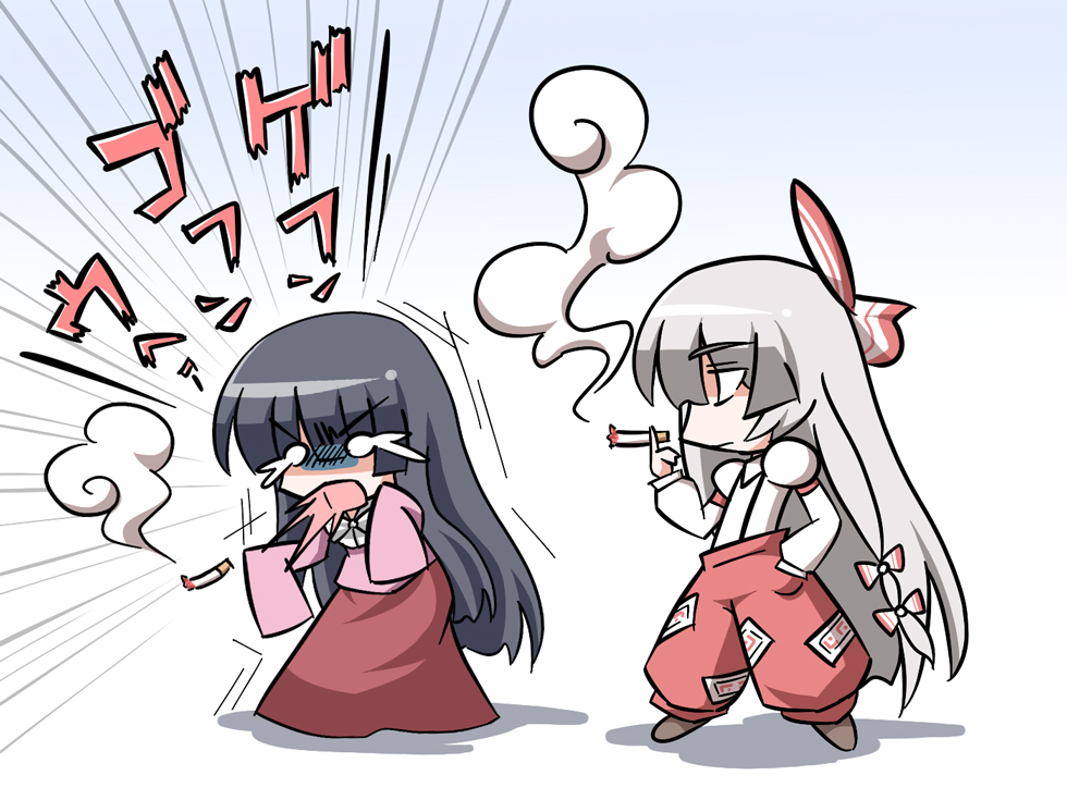 fujiwara_no_mokou hair_bow hair_ribbon houraisan_kaguya long_hair multiple_...