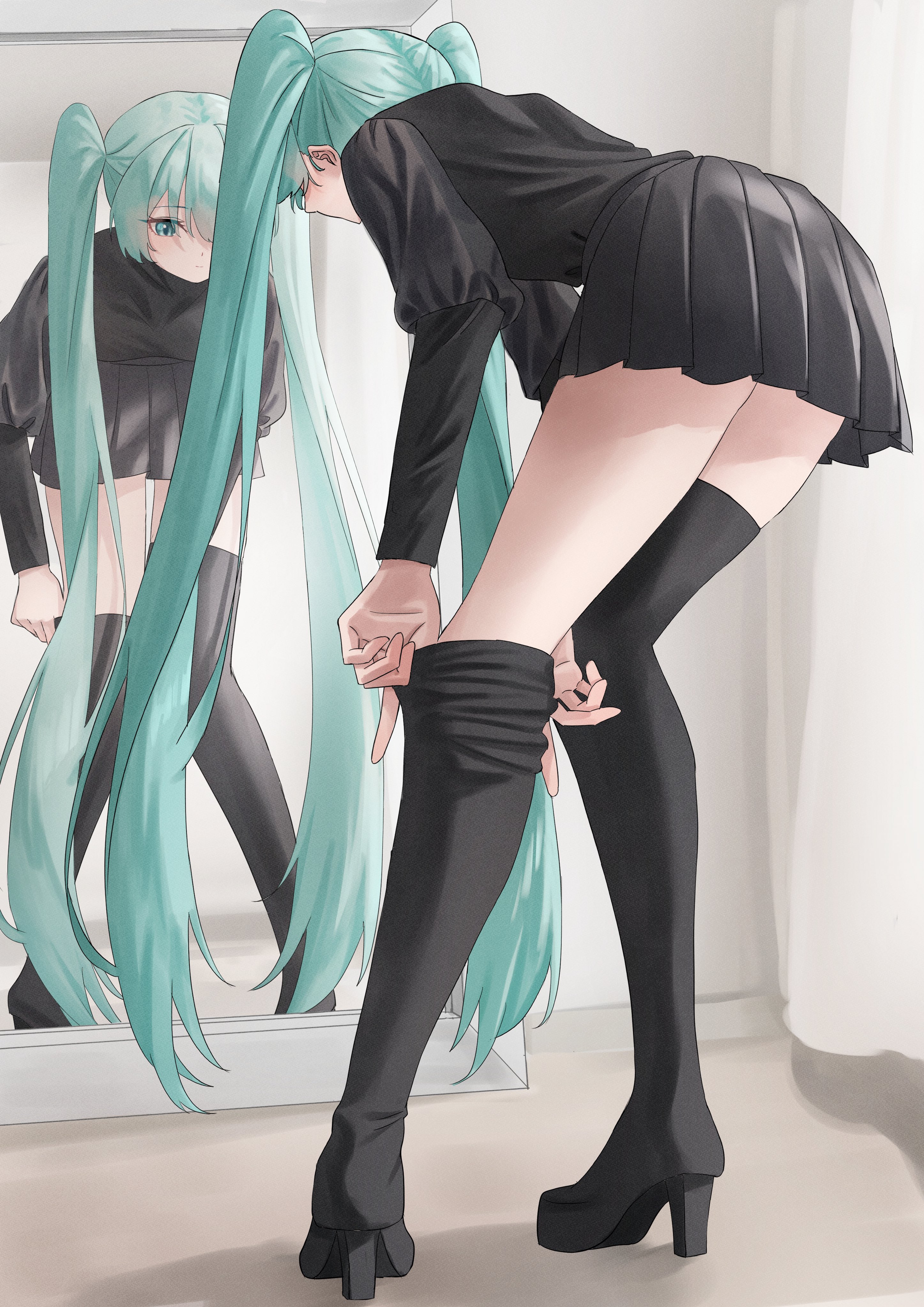 Safebooru 1girl Absurdres Amaama Beccyonaika1 Aqua Eyes Aqua Hair Black Dress Black Footwear 