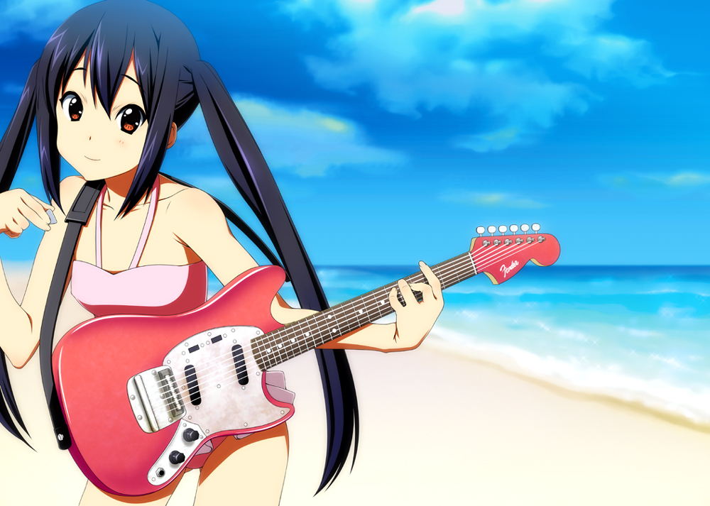 black_hair brown_eyes casual_one-piece_swimsuit guitar instrument k-on! lon...