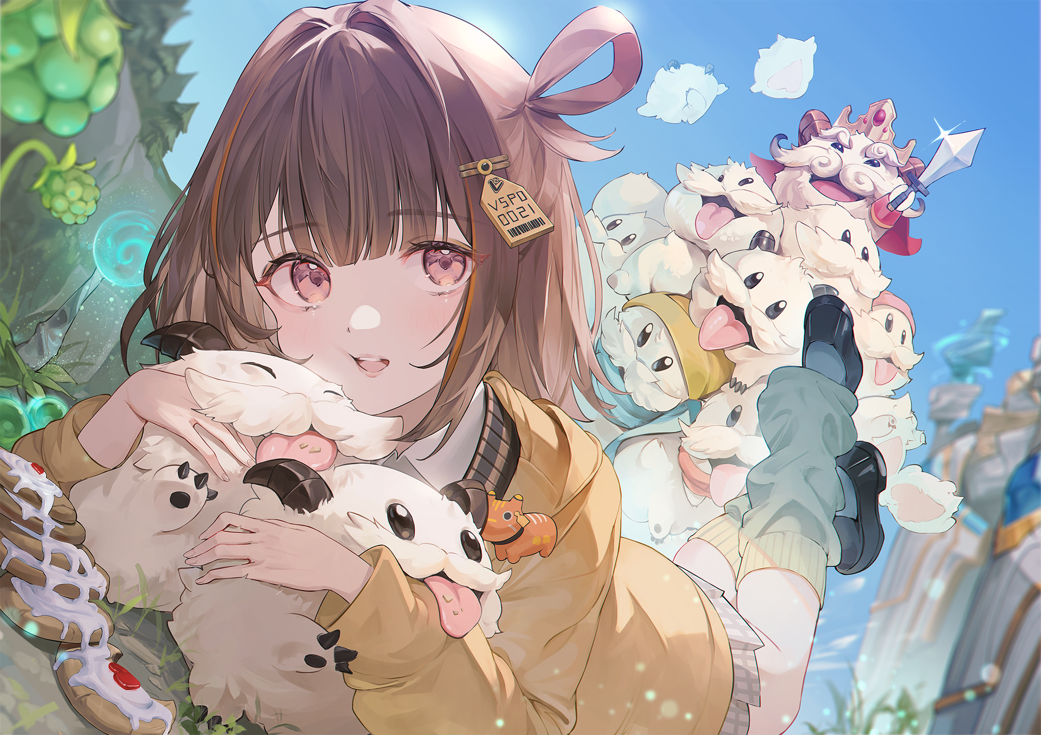 Safebooru 1girl d animal hug barcode berry black footwear blue sky